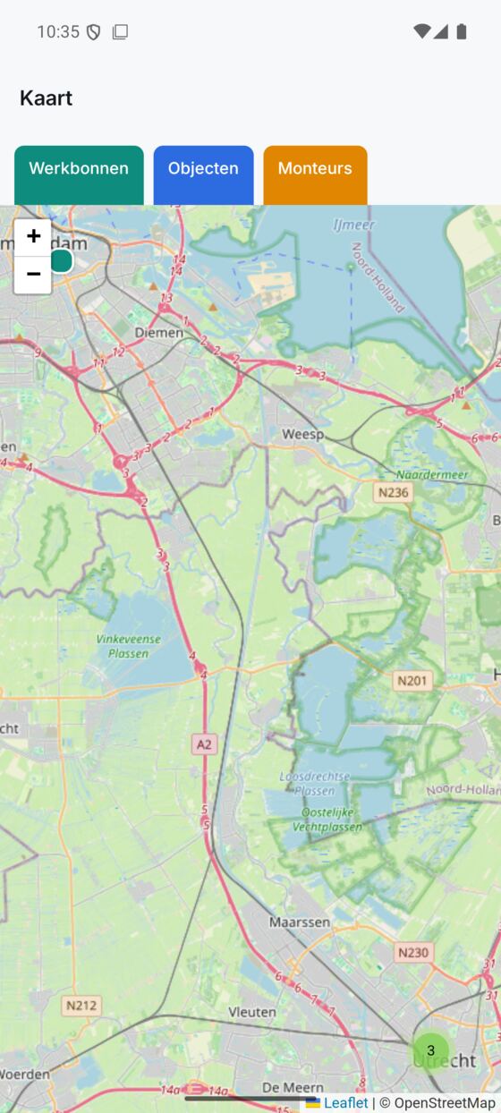 Kaart met werkbonnen, objecten en monteurs rond Utrecht