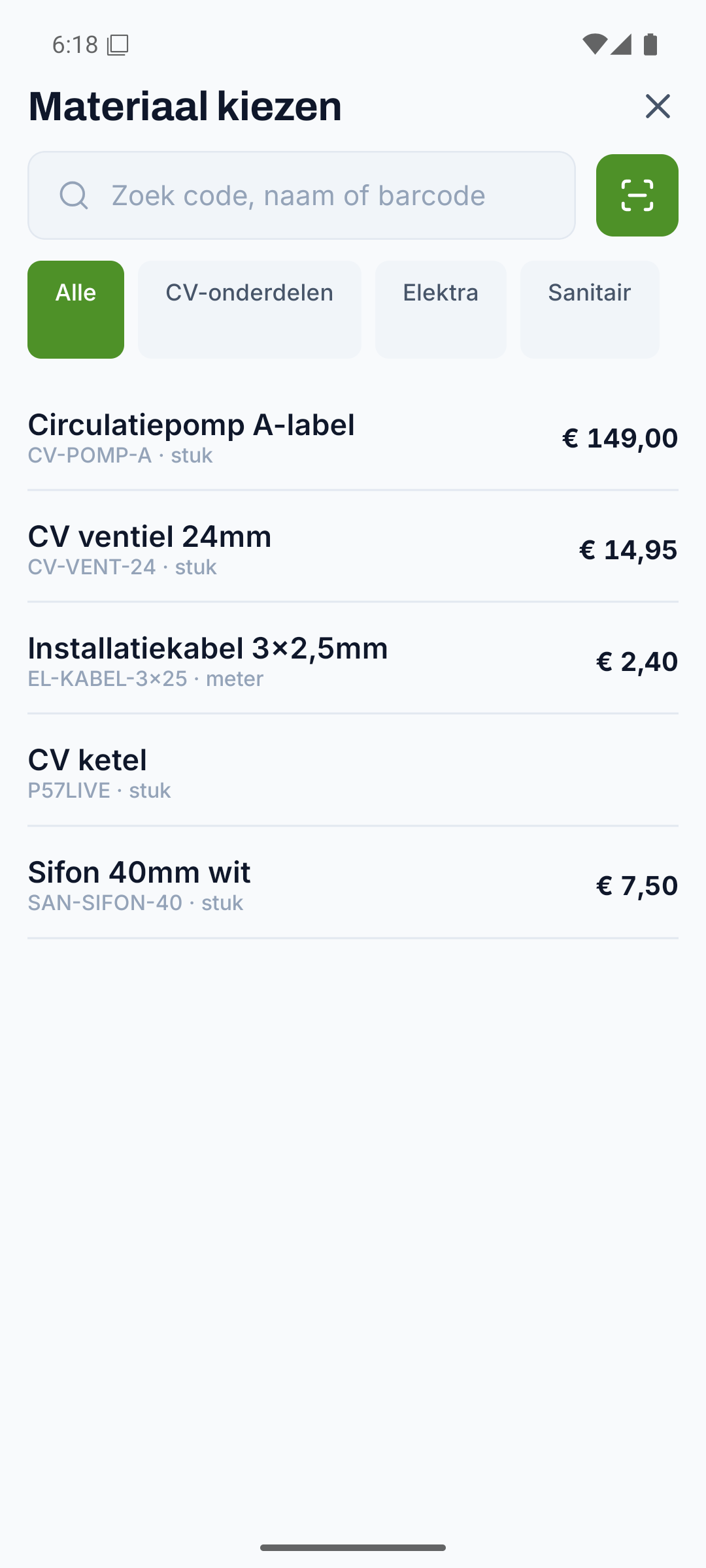 Materiaalcatalogus met code, omschrijving en prijzen