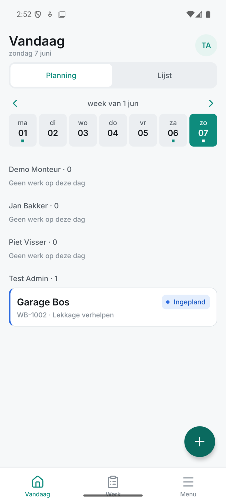 Planningscherm: werkbon Garage Bos op zondag, toegewezen aan een monteur
