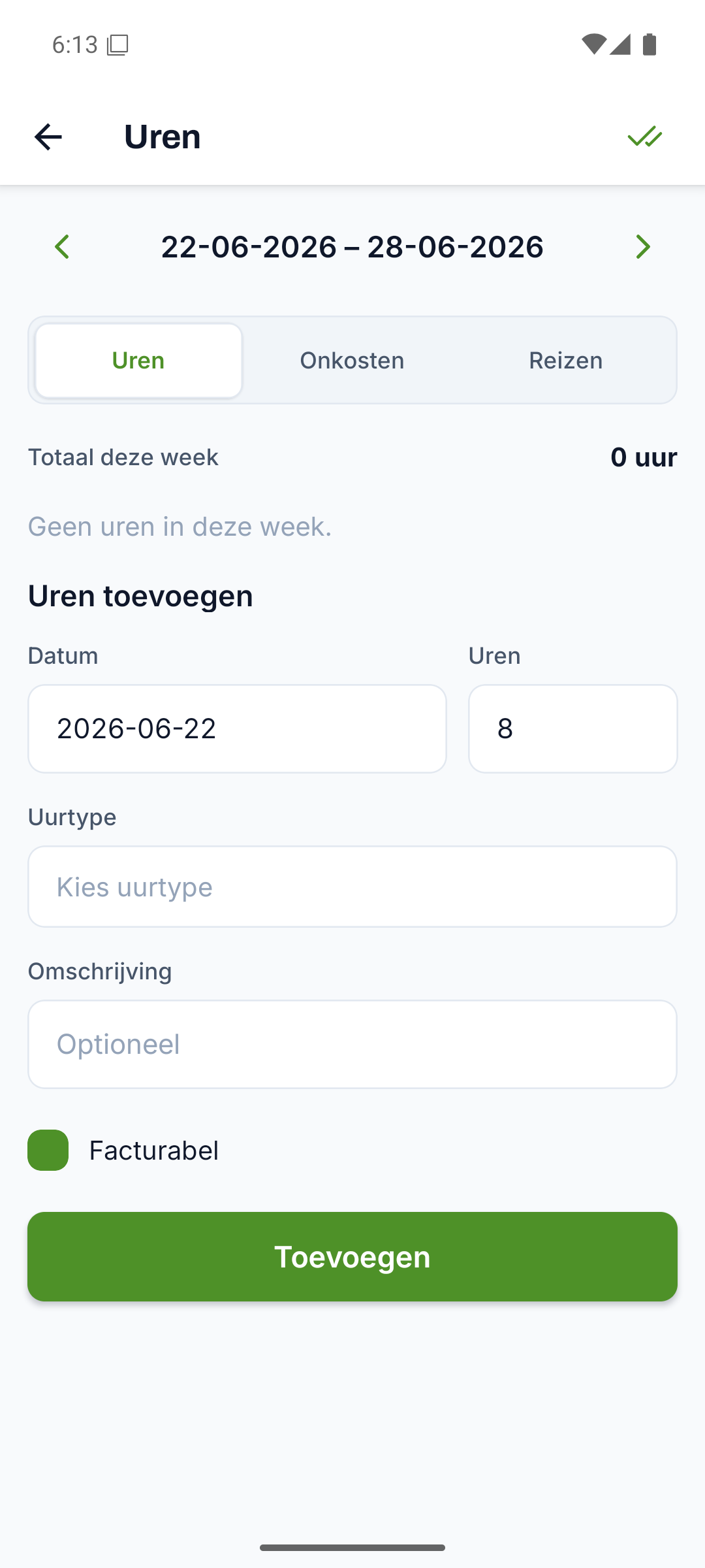 Urenoverzicht met type, declarabel en een totaal